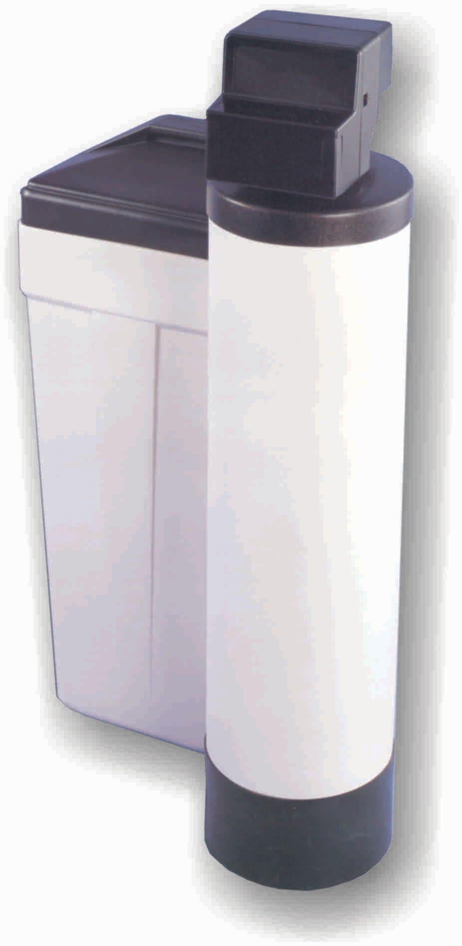 A water softener system, consisting of a tall white tank and a rectangular salt storage bin, both with black tops. A water softener system, consisting of a tall white tank and a rectangular salt storage bin, both with black tops.