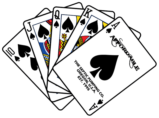 A hand of cards: Ace, King, Queen, Jack, and Ten of Spades, with company logo.