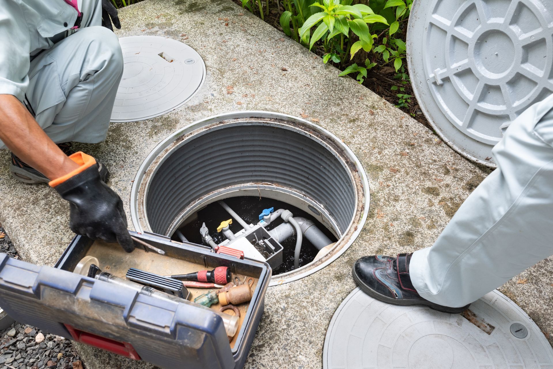 Two workers inspecting an open manhole, one with a toolbox.