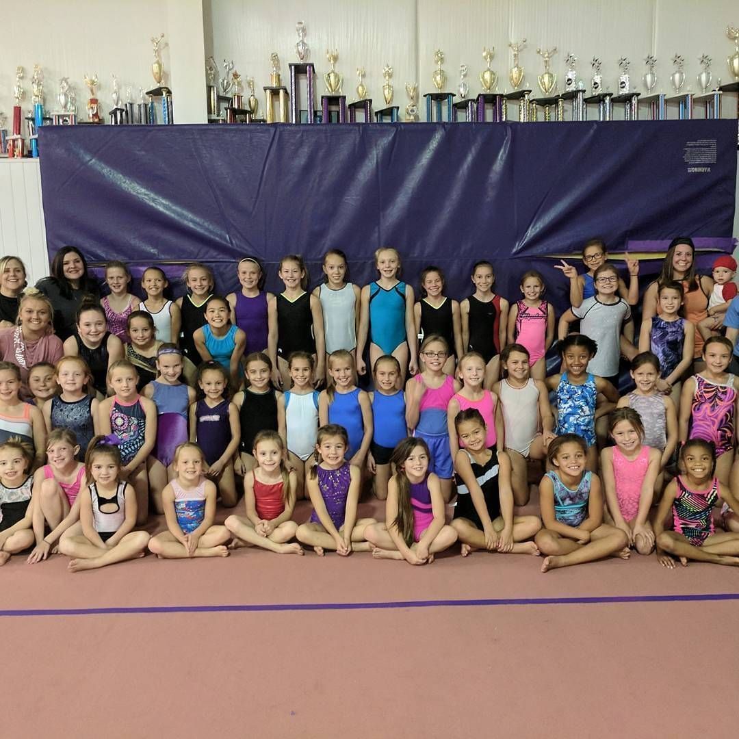 Large group of gymnasts posing in rows inside a gym, with trophies displayed along the back wall.