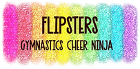 Colorful glitter banner reading &ldquo;FLIPSTERS&rdquo; with &ldquo;GYMNASTICS CHEER NINJA&rdquo; below on a white background
