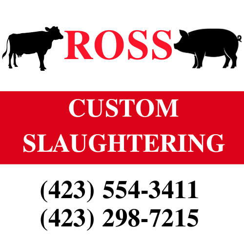Logo for Ross Custom Slaughtering with cow and pig silhouettes, red text and phone numbers.