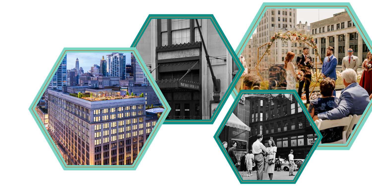 A collage of images of buildings and people in a city.