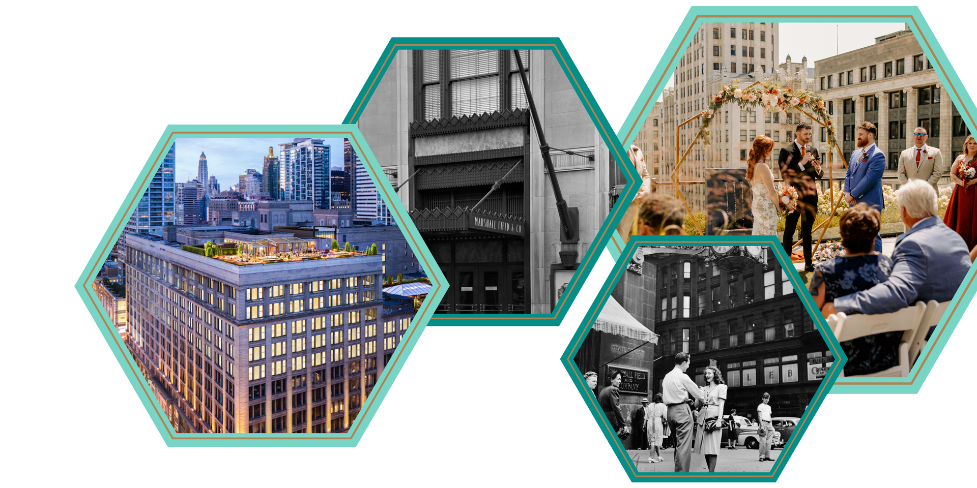 A collage of images of buildings and people in a city.