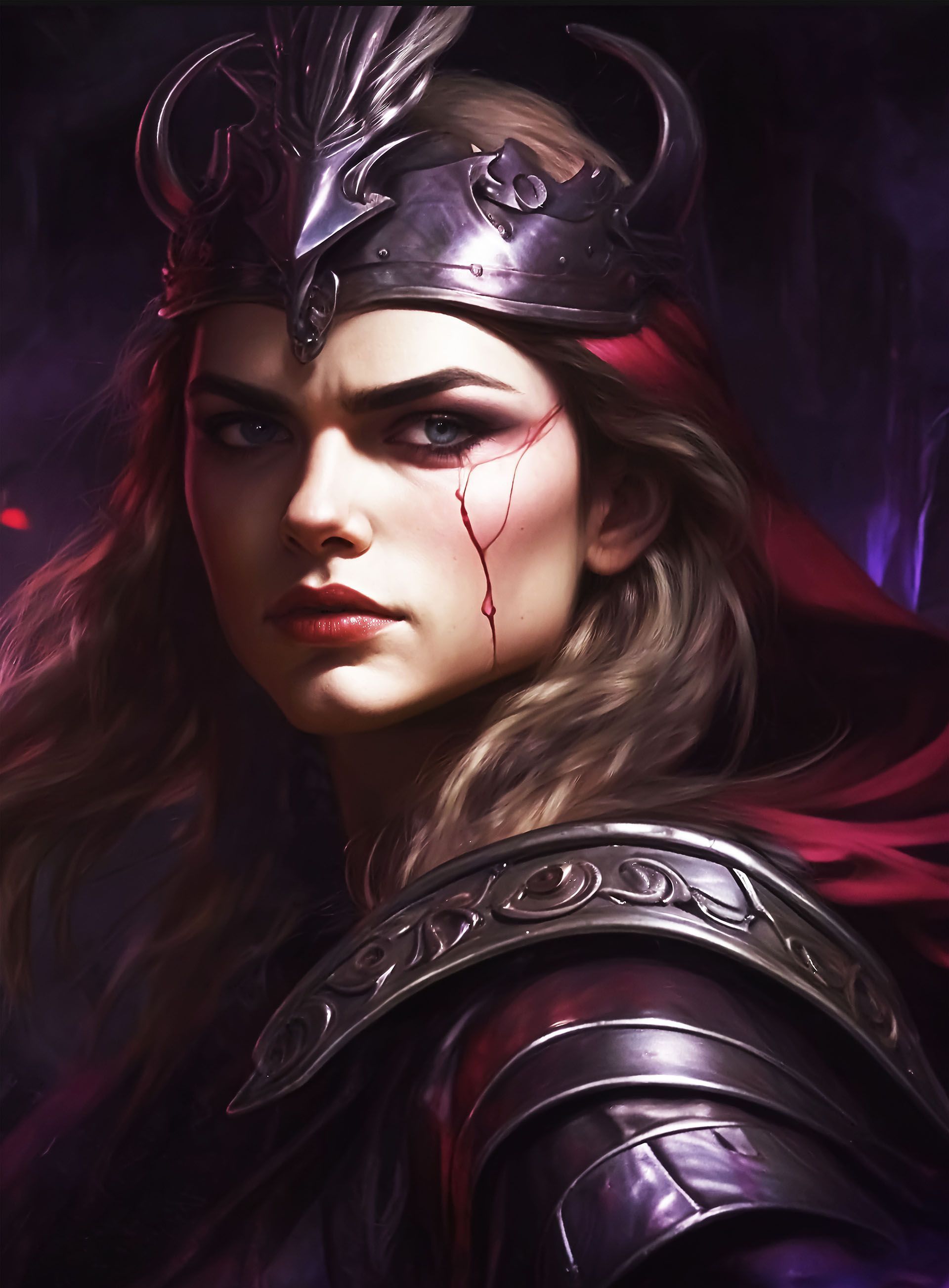 A woman wearing a crown and armor has a scar on her face