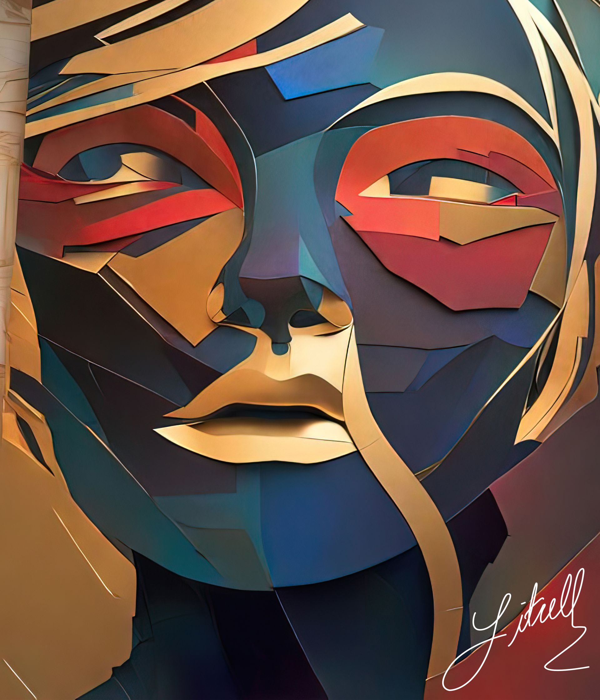 A colorful painting of a woman 's face is signed by the artist