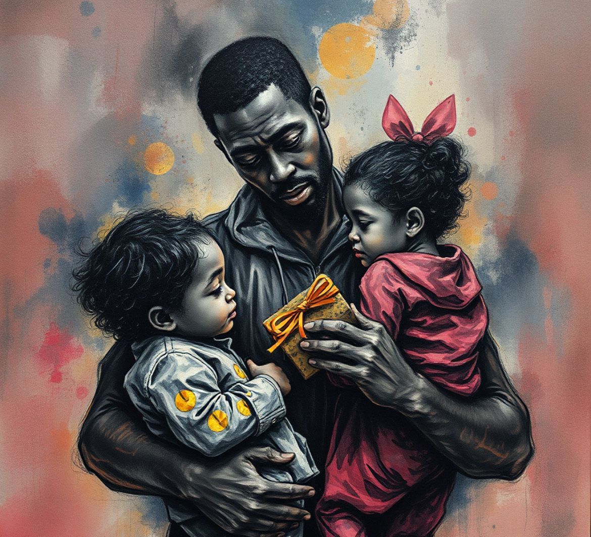A painting of a man holding two children and giving them a gift