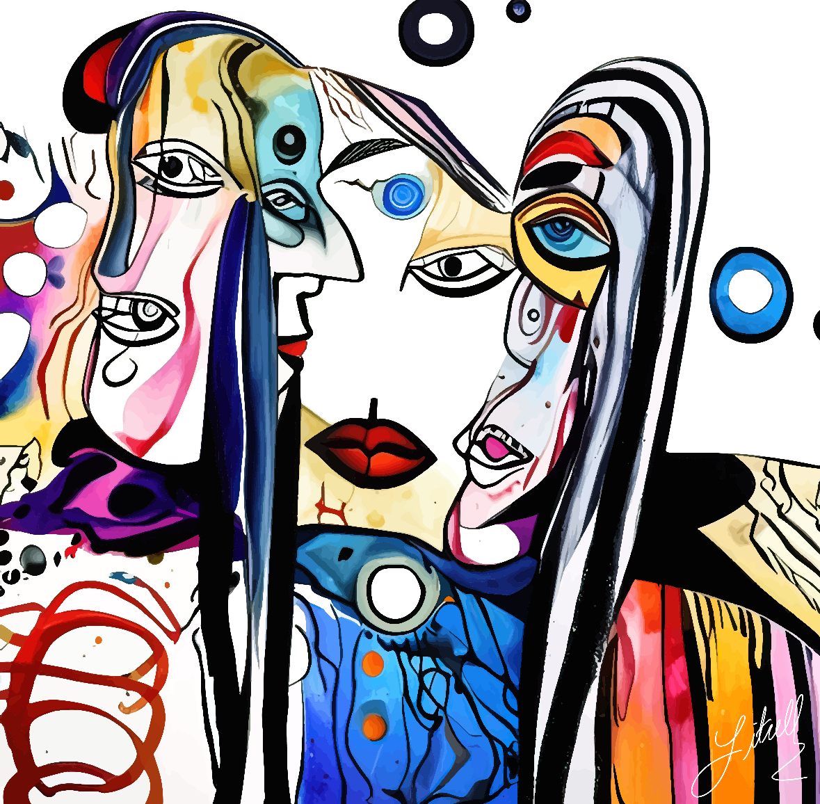 Colorful abstract painting of three faces with expressive eyes, bright lips, and dripped paint.