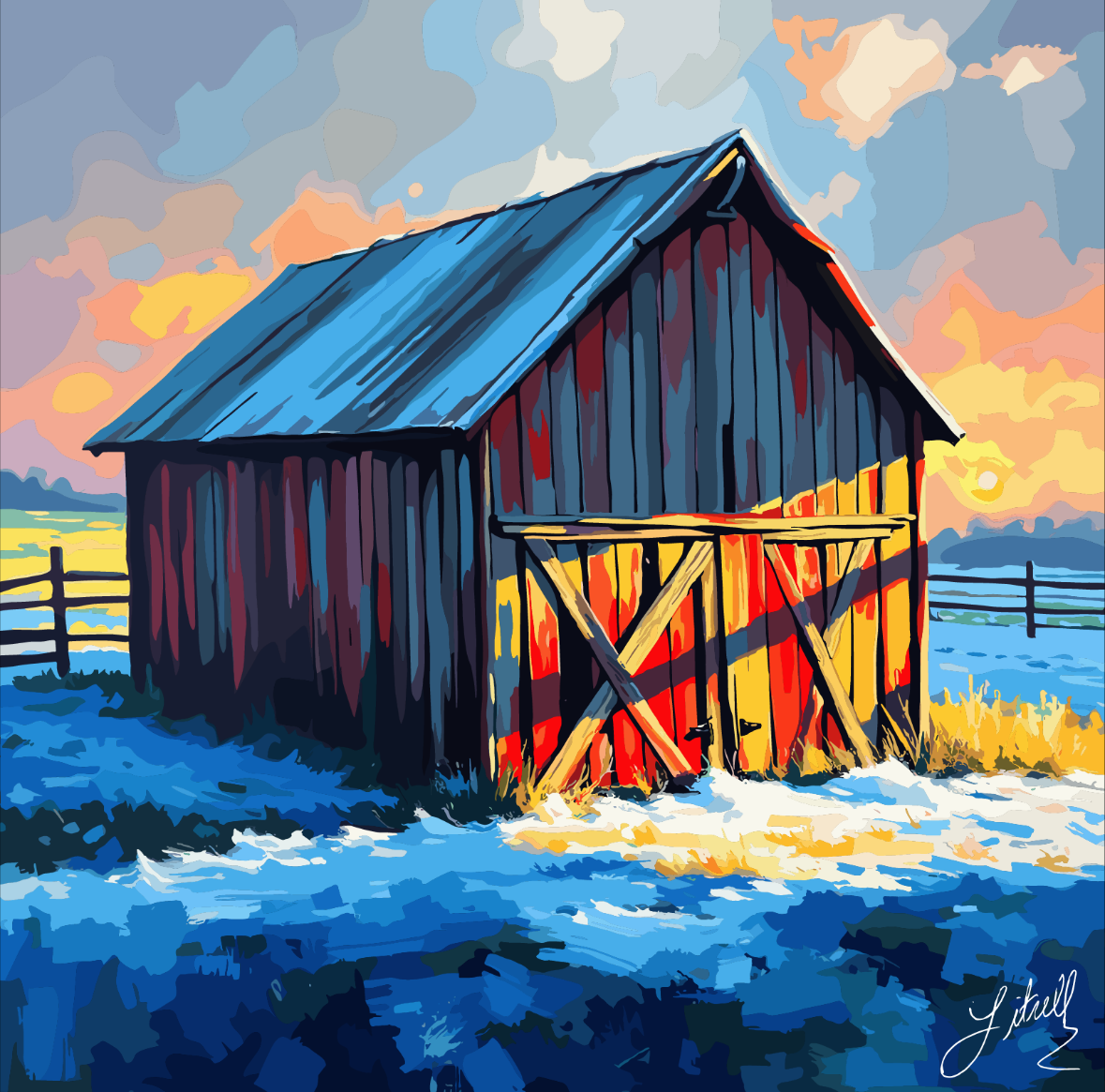 Old red barn in winter snow with a blue roof, sunlit on a vibrant sky backdrop.