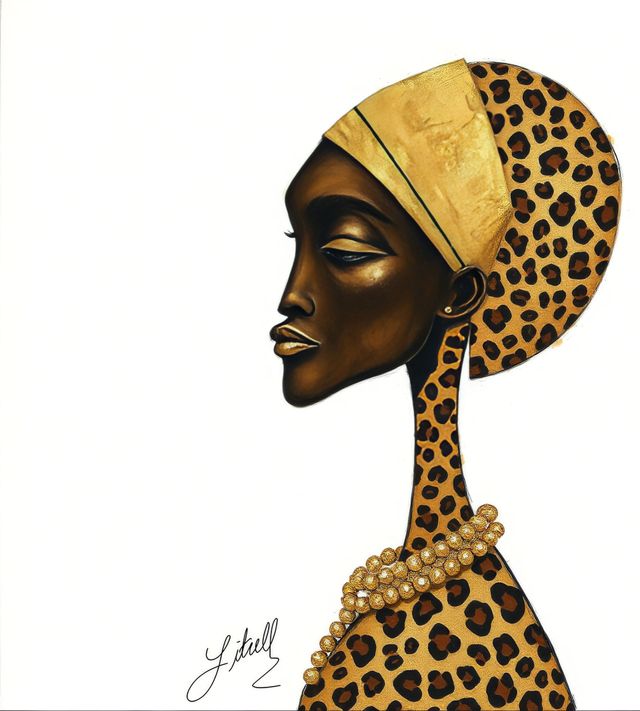 Stylized portrait of a woman in gold and leopard-print headwrap, necklace, and earrings on a white background