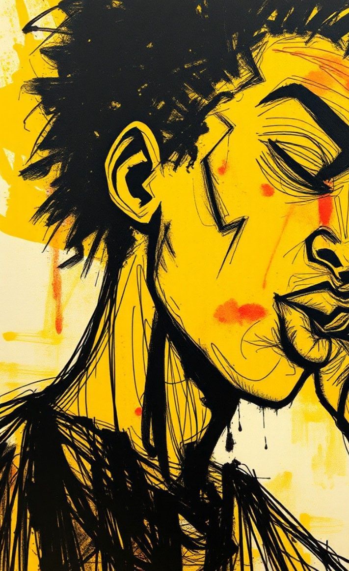 A yellow and black drawing of a man with his eyes closed