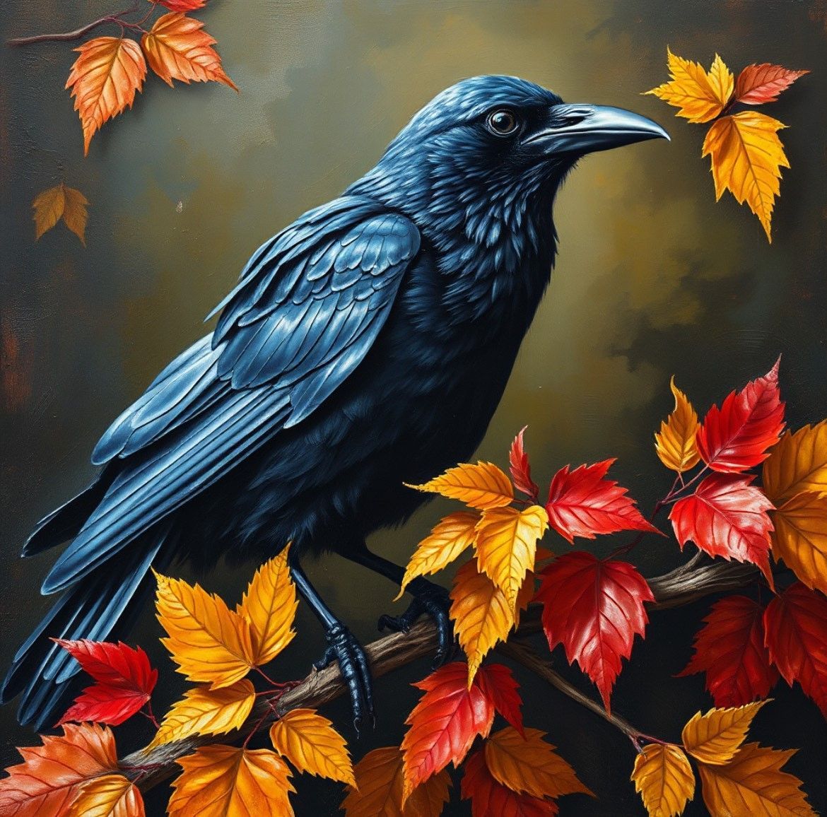 A black bird perched on a branch with red and yellow leaves