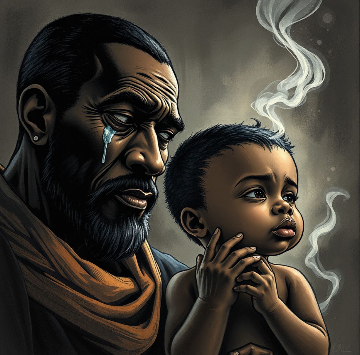 A man with a beard is crying while holding a baby
