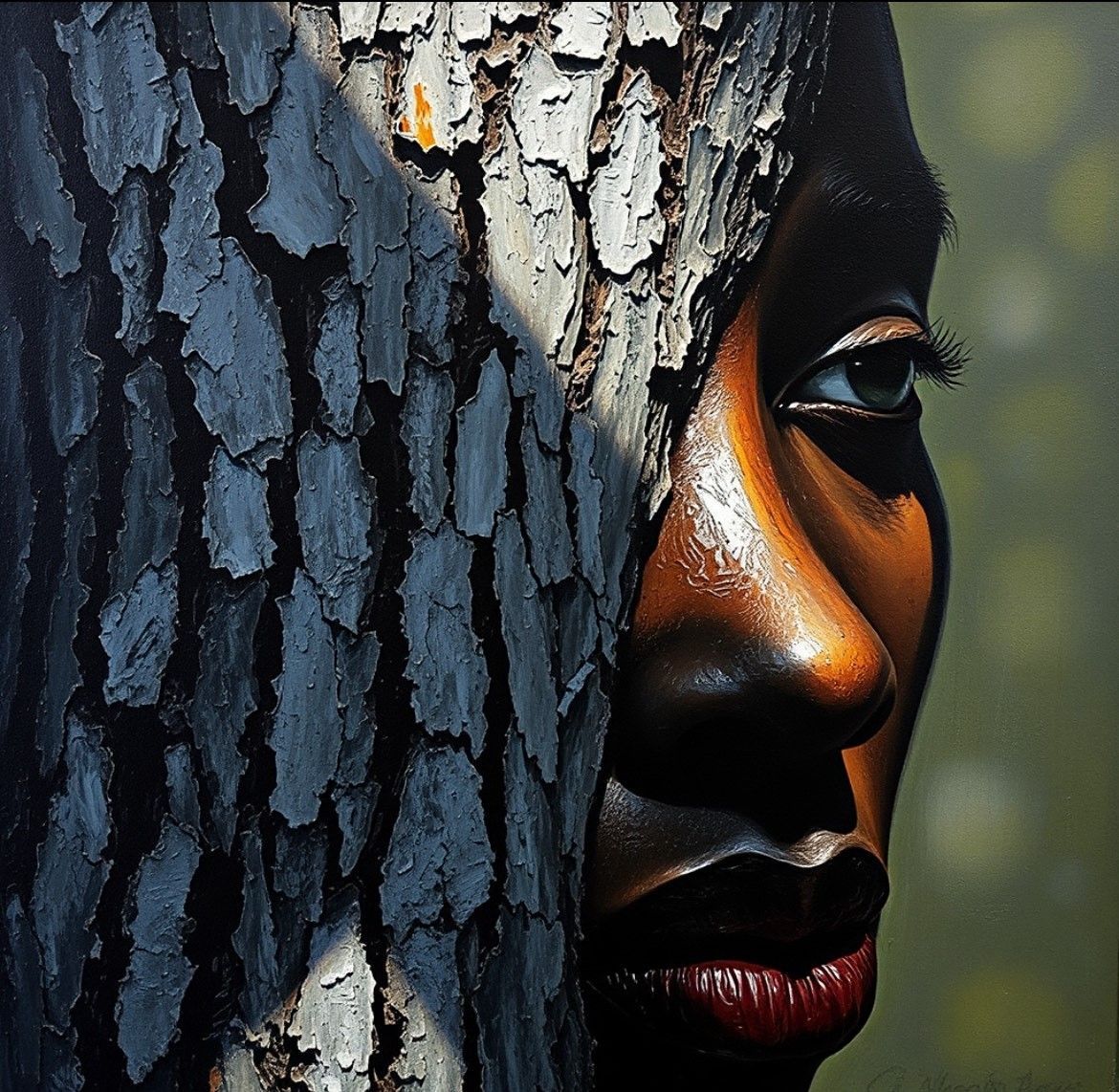 A close up of a woman 's face behind a tree trunk