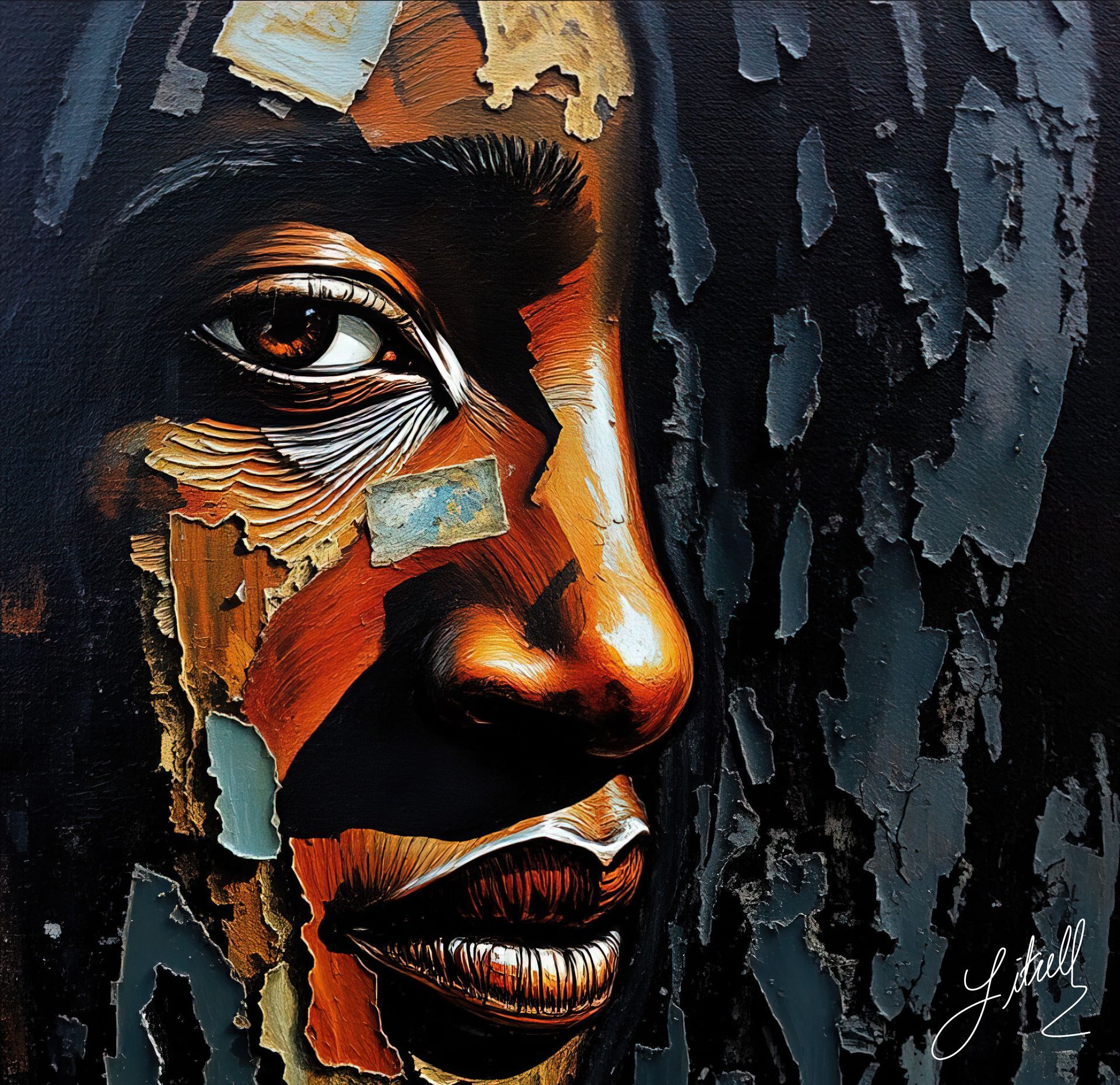 A painting of a man 's face with a signature on the bottom right