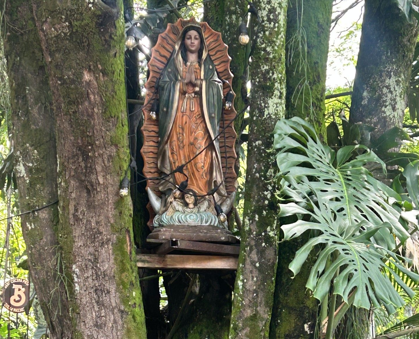 Statue of a robed figure in a forest shrine among tall trees and green leaves Statue of a robed figure in a forest shrine among tall trees and green leaves