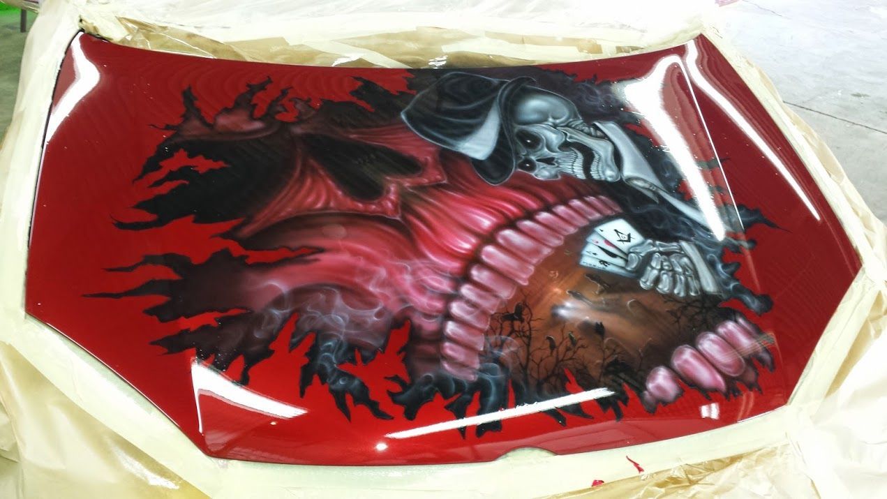 A red plate with a skull on it