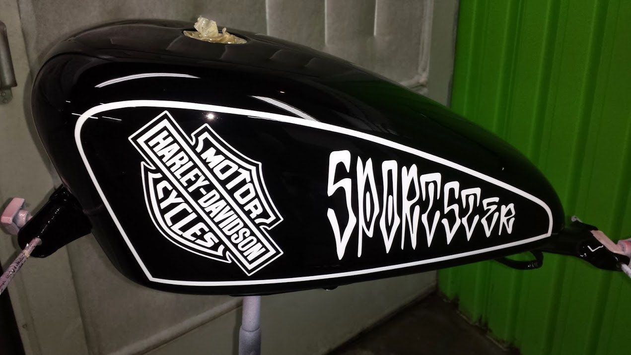 A black harley davidson motorcycle is sitting in front of a green door