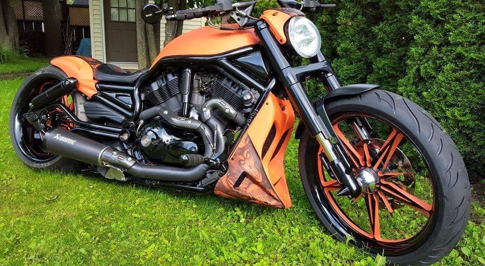 A black and orange motorcycle is parked in the grass.