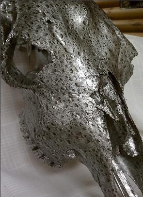 A close up of a metal skull on a table.