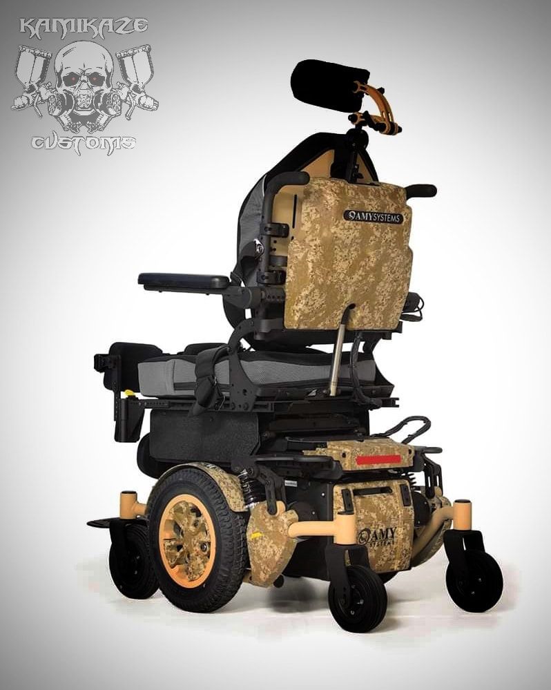 A wheelchair with a camouflage cover on it