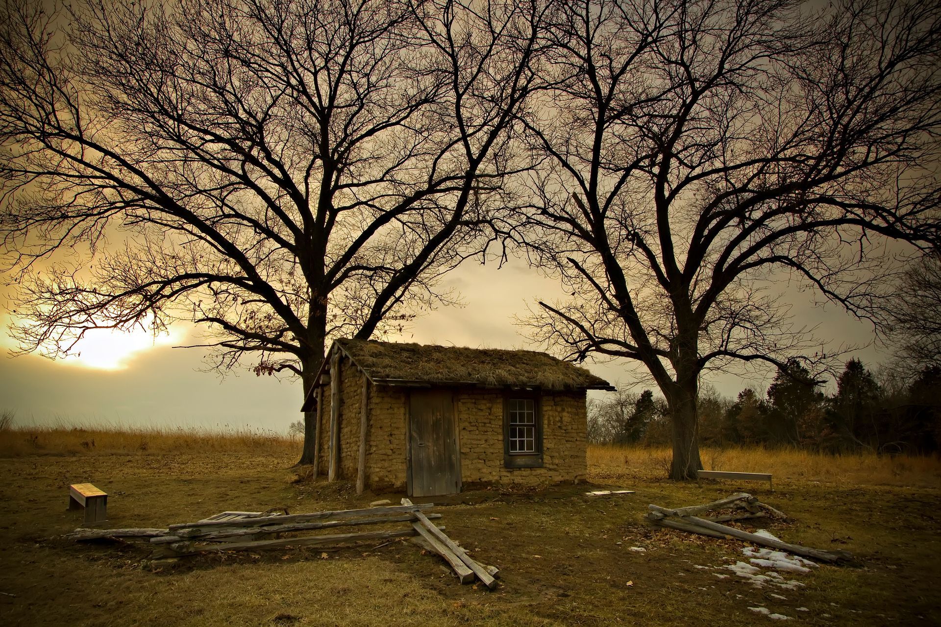 An old abandoned house sits in the middle of a field surrounded by trees