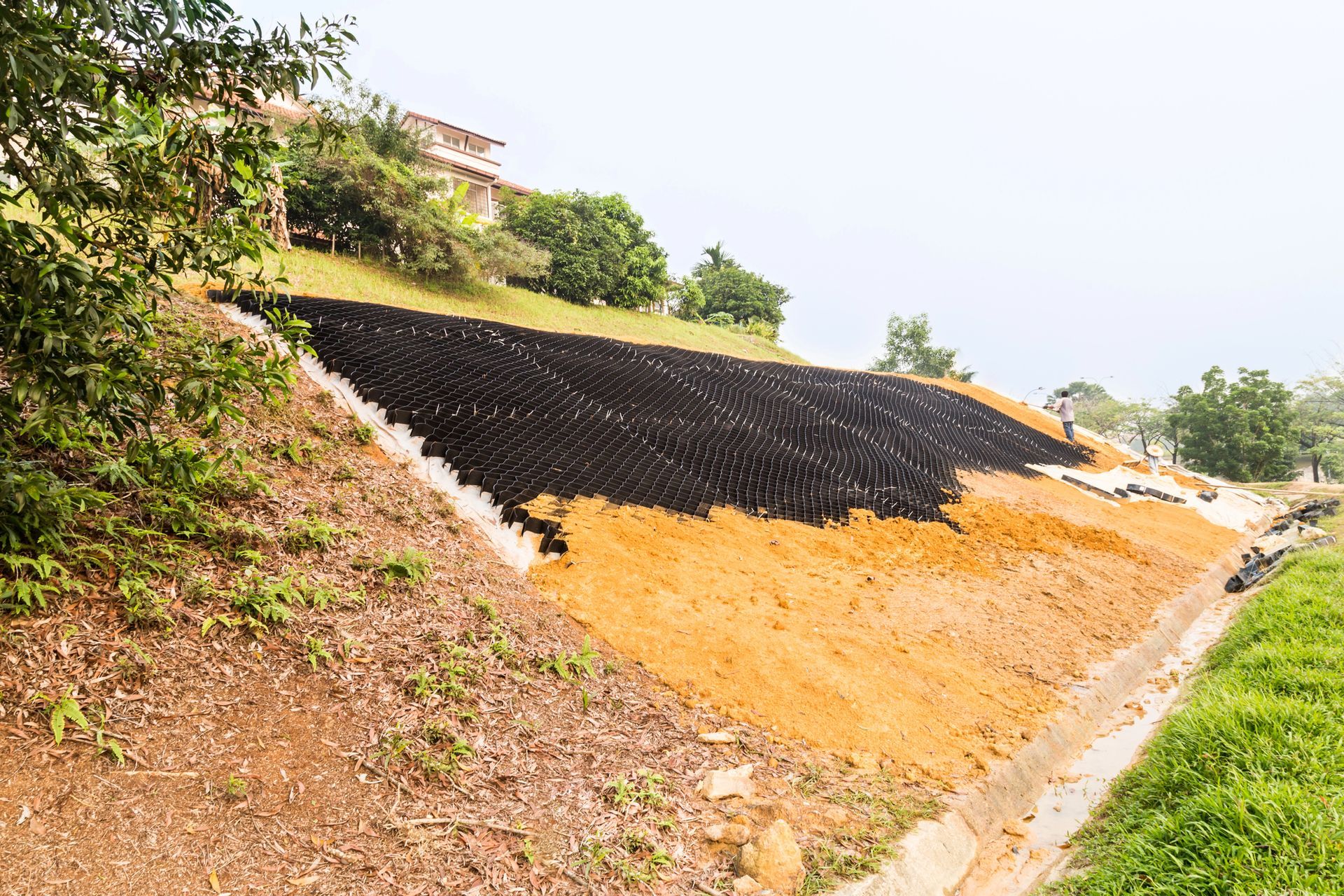 Terraced hillside with black and yellow erosion-control mesh beside a grassy roadside