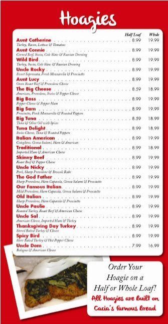 Hoagie Menu — Cherry Hill, NJ — Cacia’s Bakery