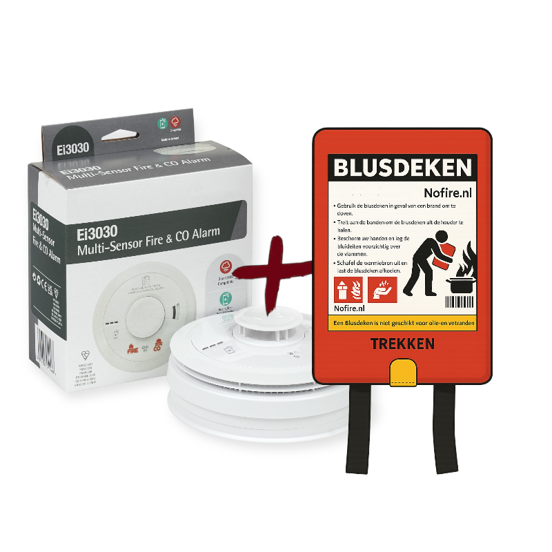Rookmelder Ei 3030 CO + hittemelder multisensor + Nofire blusdeken 100x100 cm