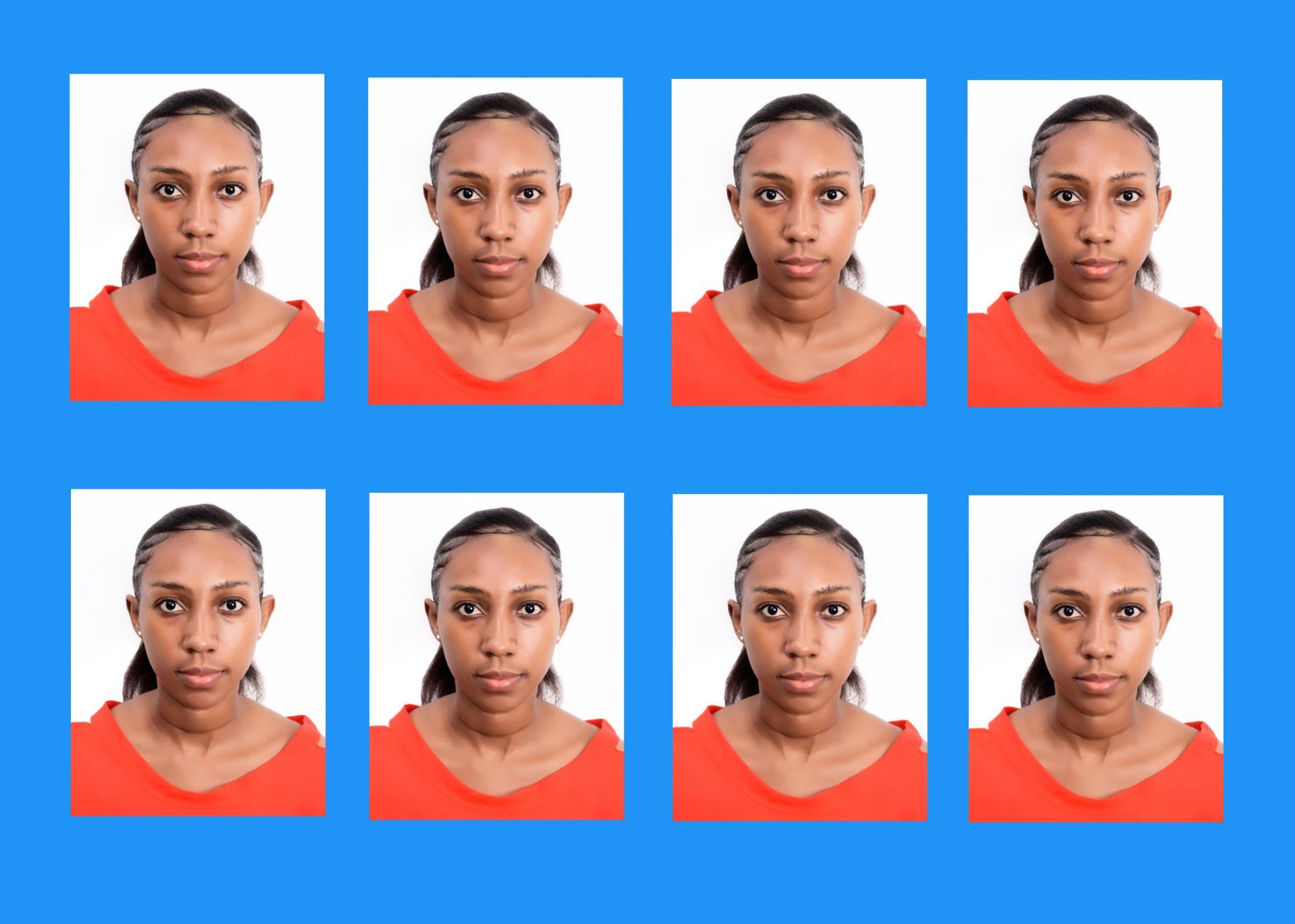 A collage of passport photos of a woman in an orange shirt