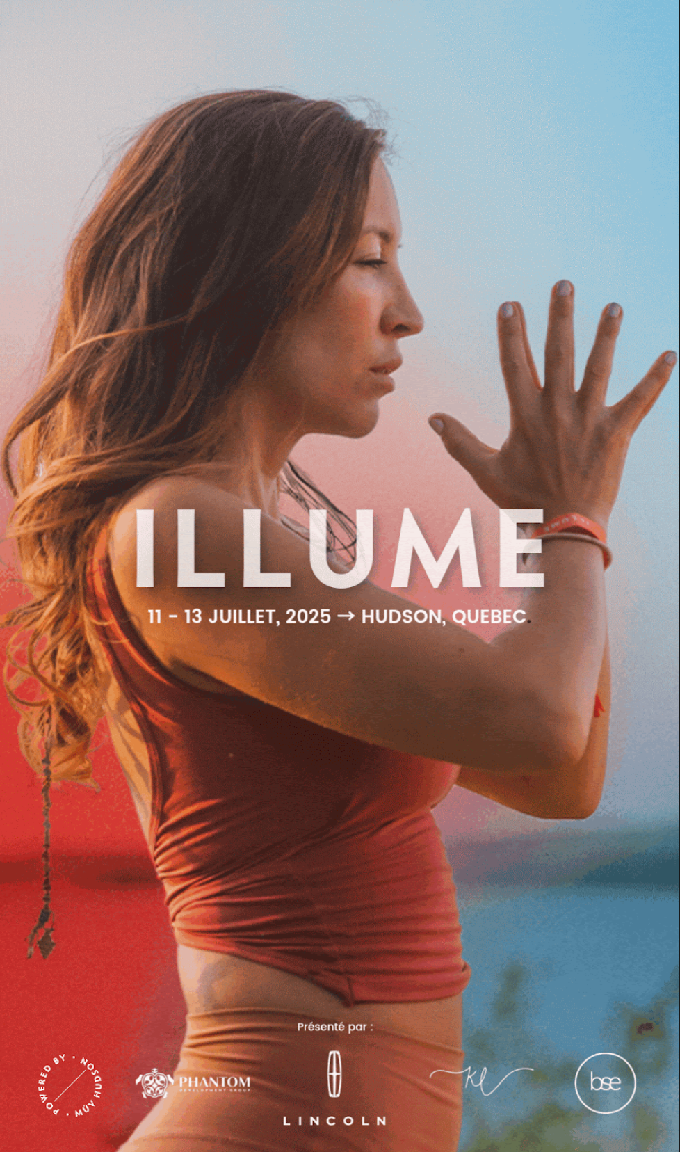 Woman in yoga pose, hands together, eyes closed. 