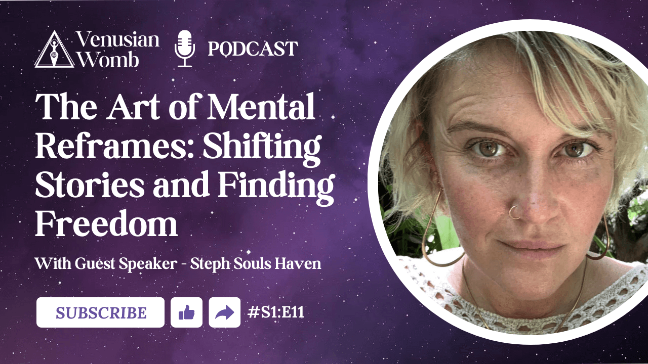 Podcast graphic: Woman in circle, title 