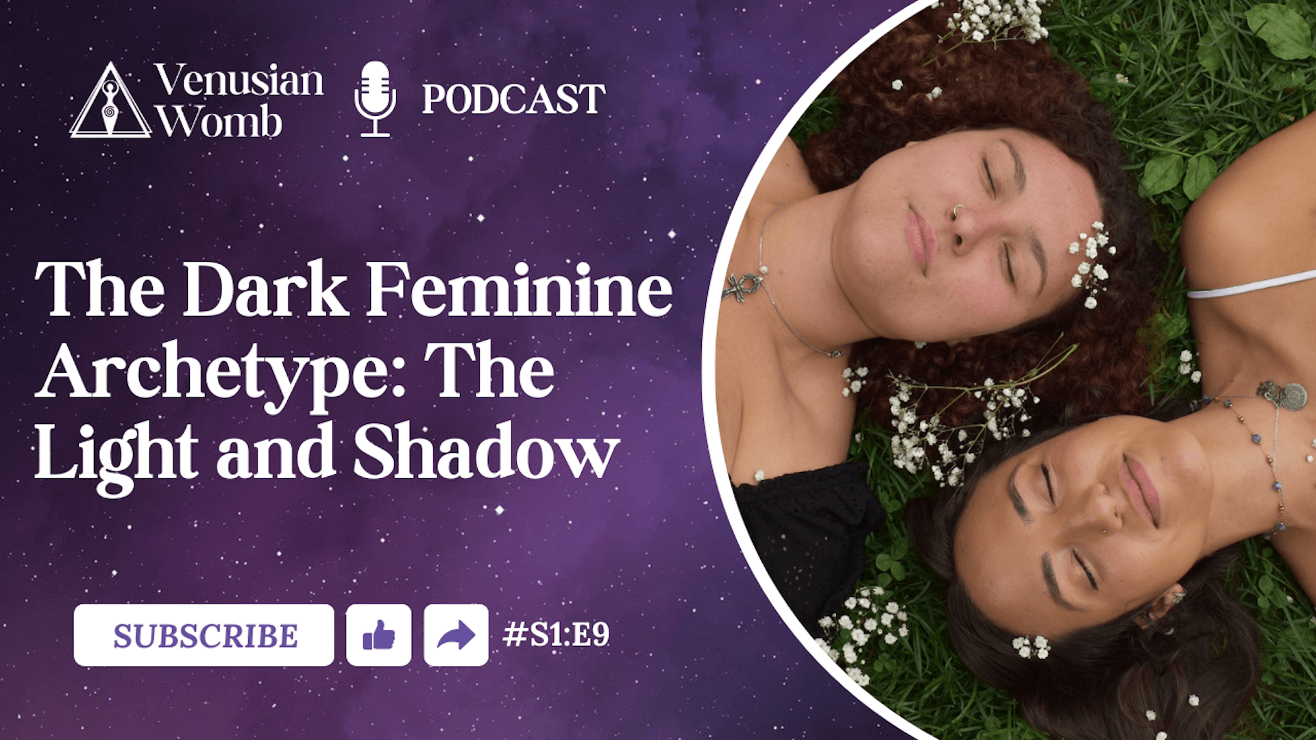 Podcast ad: Two women lie in grass, flowers in hair. Title: 