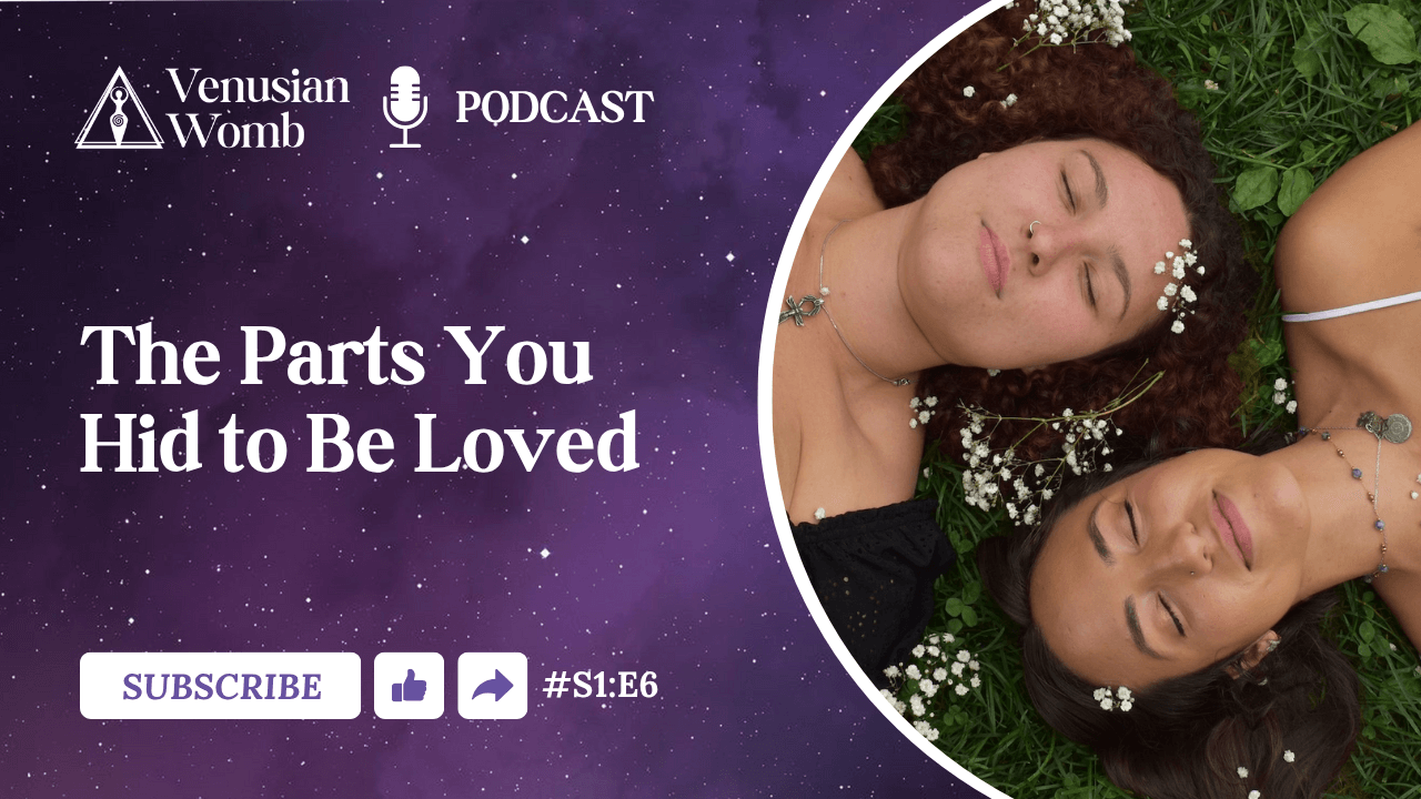 Podcast cover: Two women lying in grass, flowers in their hair, purple space background. 