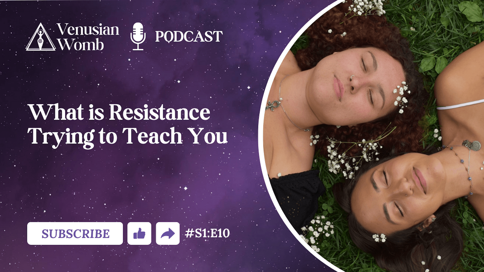 Podcast graphic: Two women in a meadow, text 