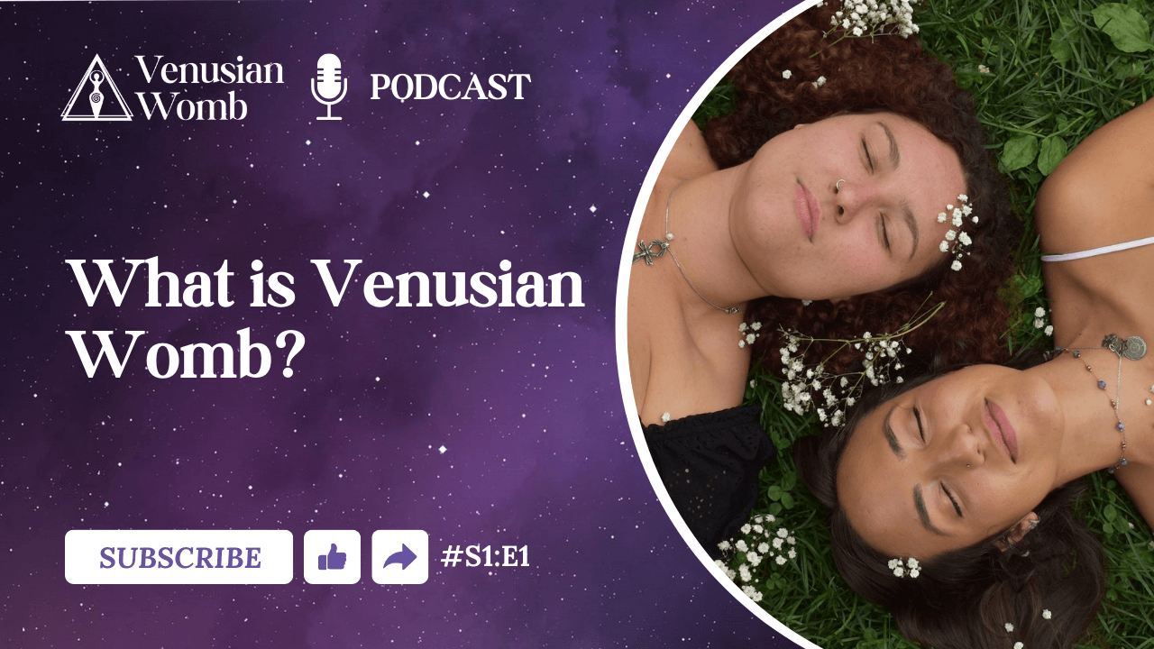 Podcast cover: Two women lying in grass with flowers, purple nebula background. Text: 