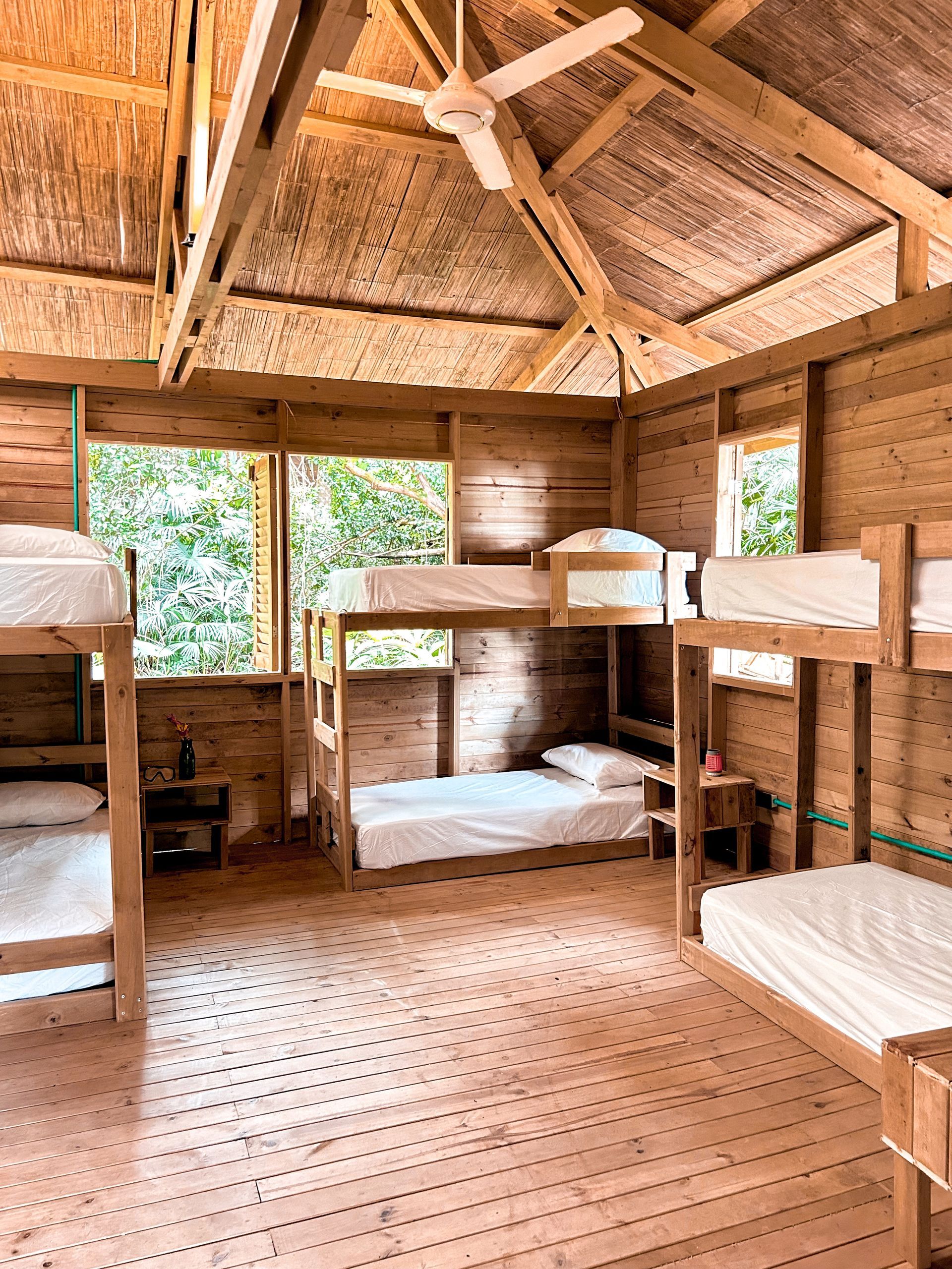 Wooden bunk beds in a room with wood walls, ceiling fan, and windows overlooking greenery.
