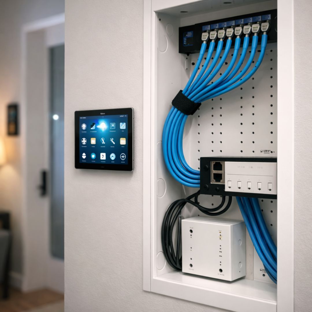 Wall-mounted network cabinet with blue Ethernet cables and a touchscreen control panel.