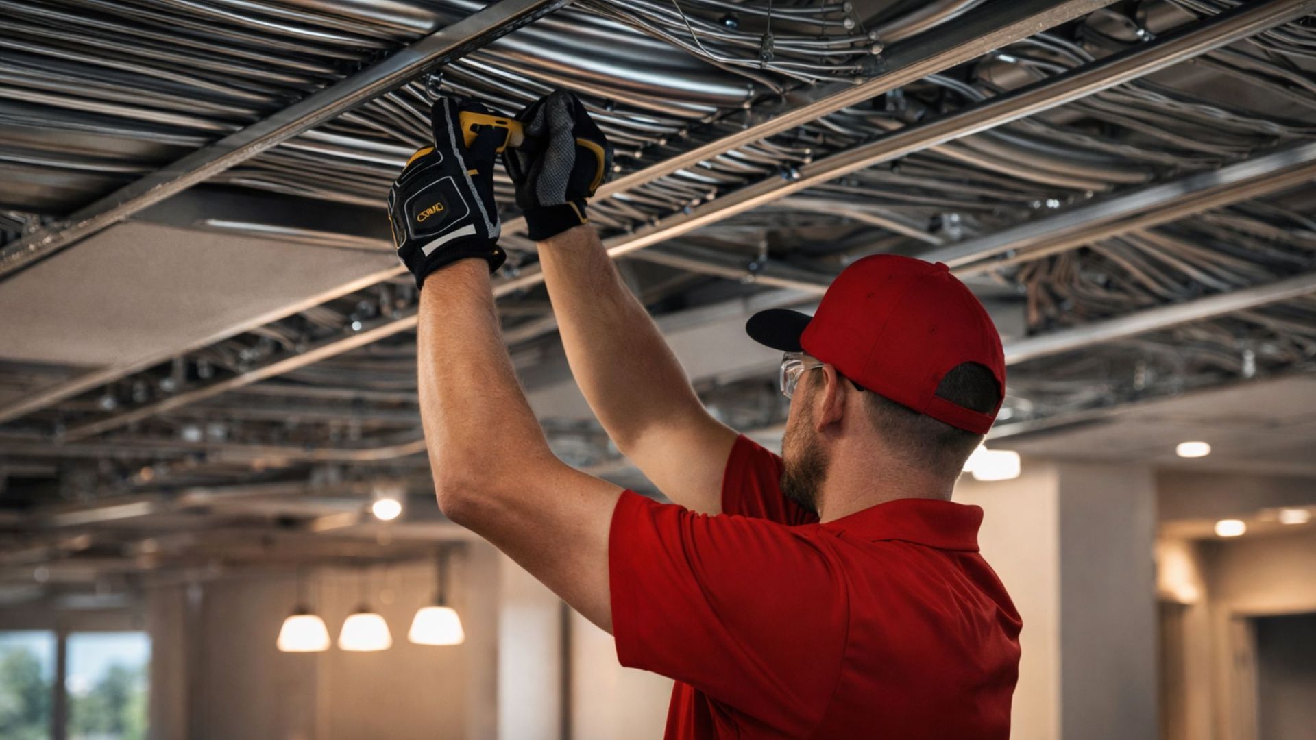 Worker in red shirt and cap installing ceiling wiring in an unfinished building