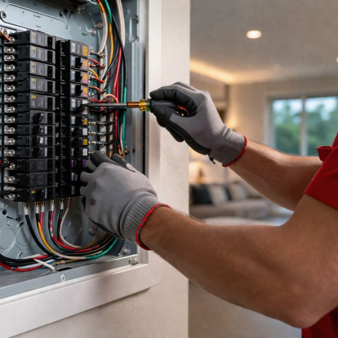 Electrician tightening wires in an open circuit breaker panel with a screwdriver.