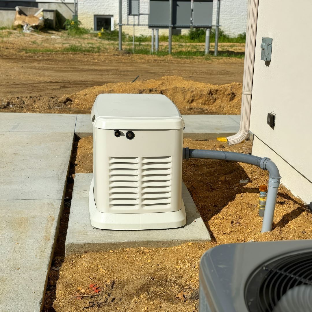 White outdoor generator on a concrete pad beside a house, with conduit and dirt yard nearby