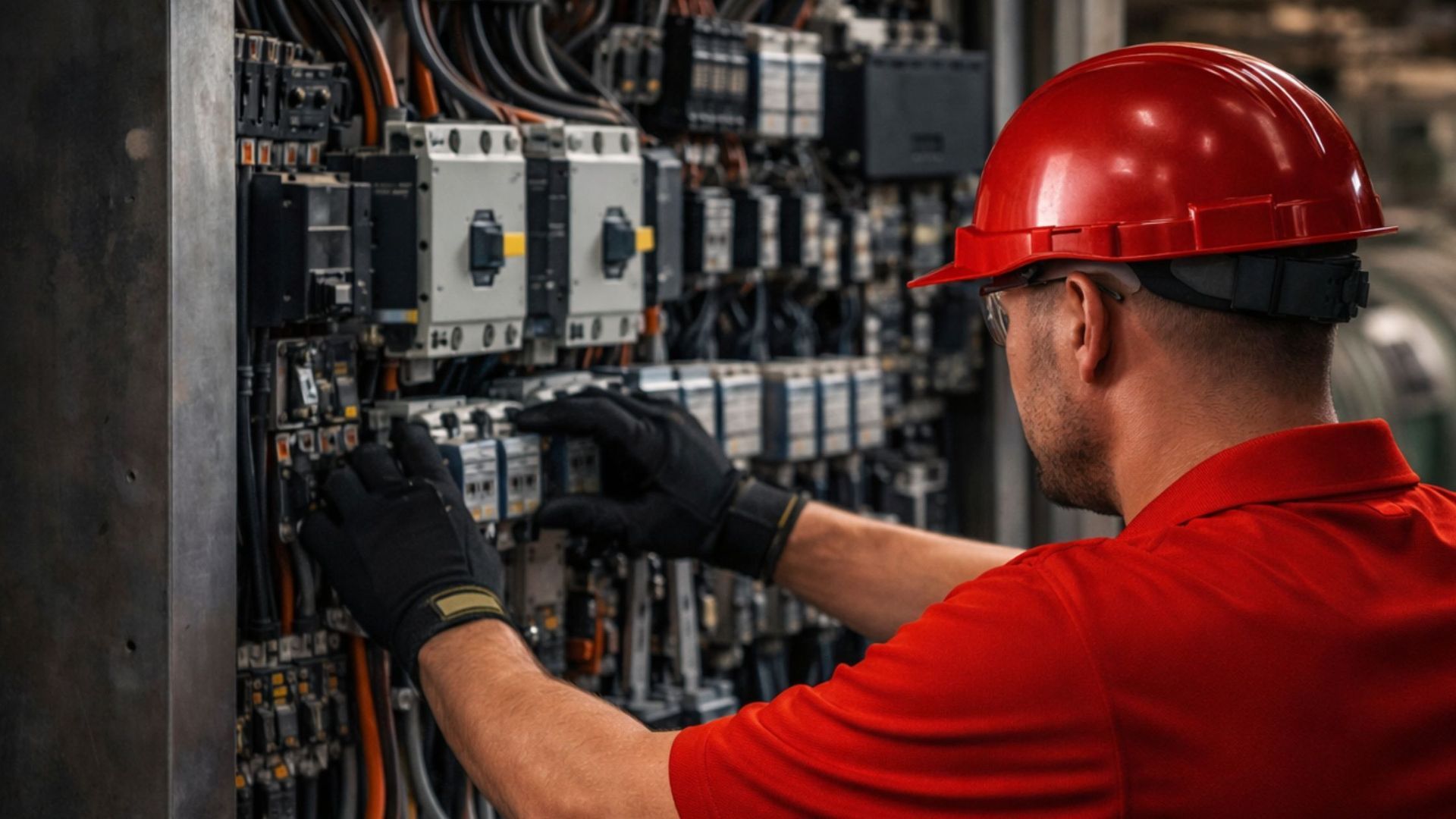 Technician in red hard hat and shirt adjusting electrical panels in an industrial control room