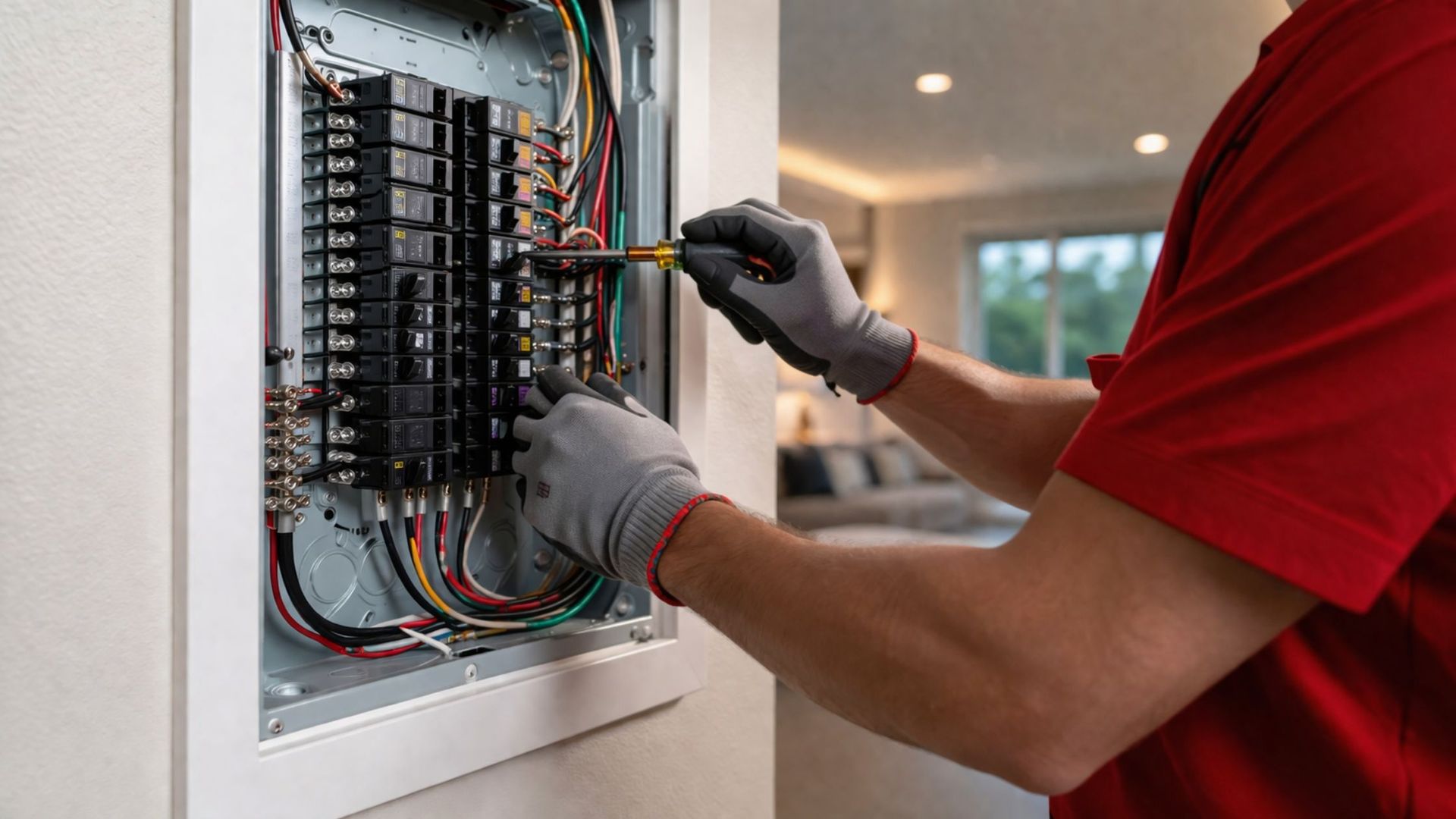 Electrician wiring a home breaker panel with tools, inside a wall-mounted electrical box.
