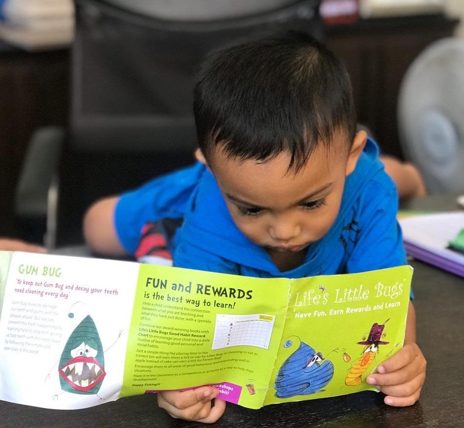 Boy looking at Life's Little Bugs book