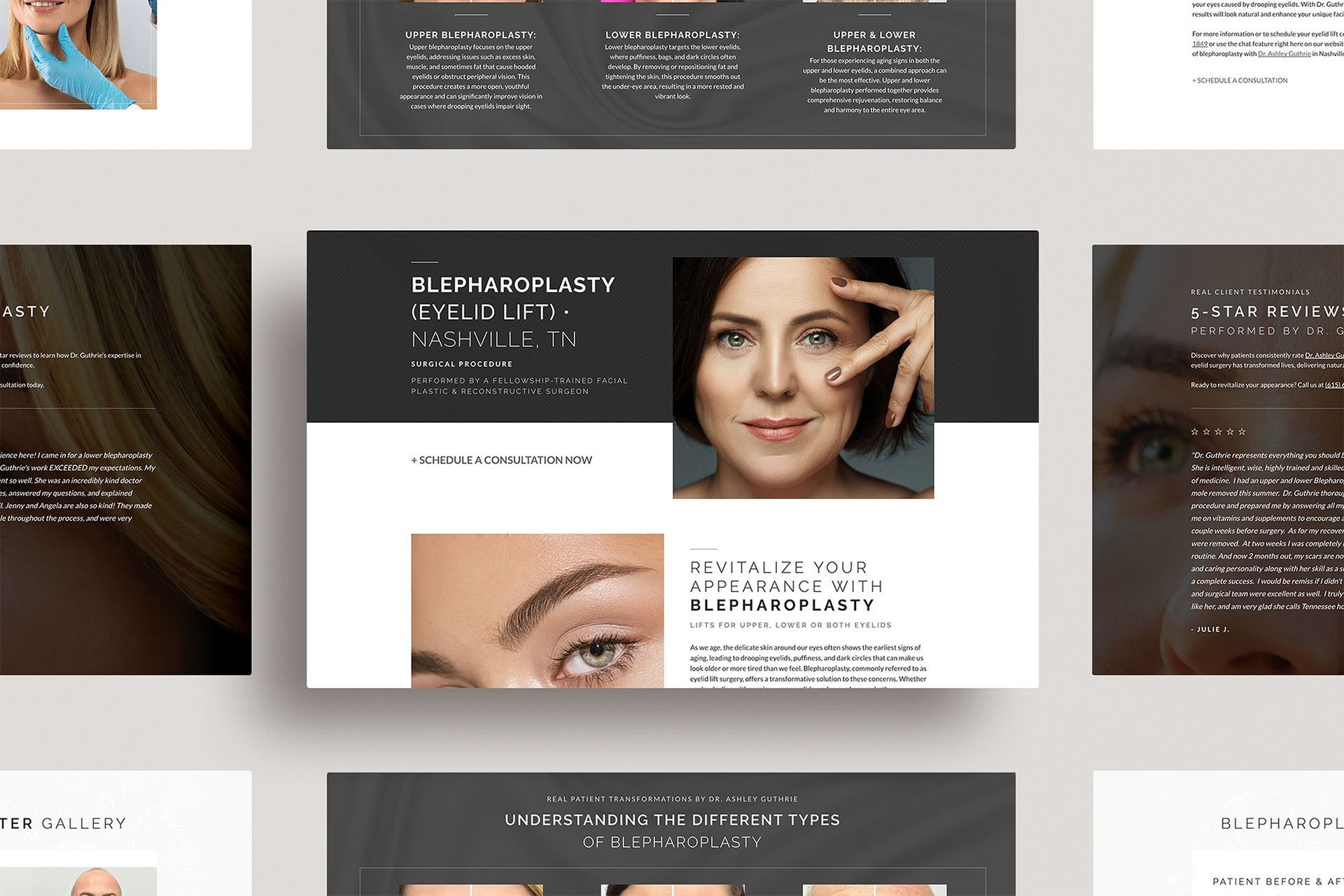 A collage of images of a woman 's face on the Guthrie Facial Plastic Surgery website.