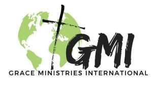 A logo for grace ministries international with a globe and a cross.