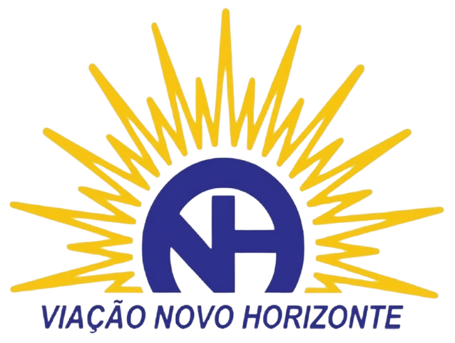 Logo for Viação Novo Horizonte: blue "NH" letters centered inside a yellow sunburst graphic on a white background.