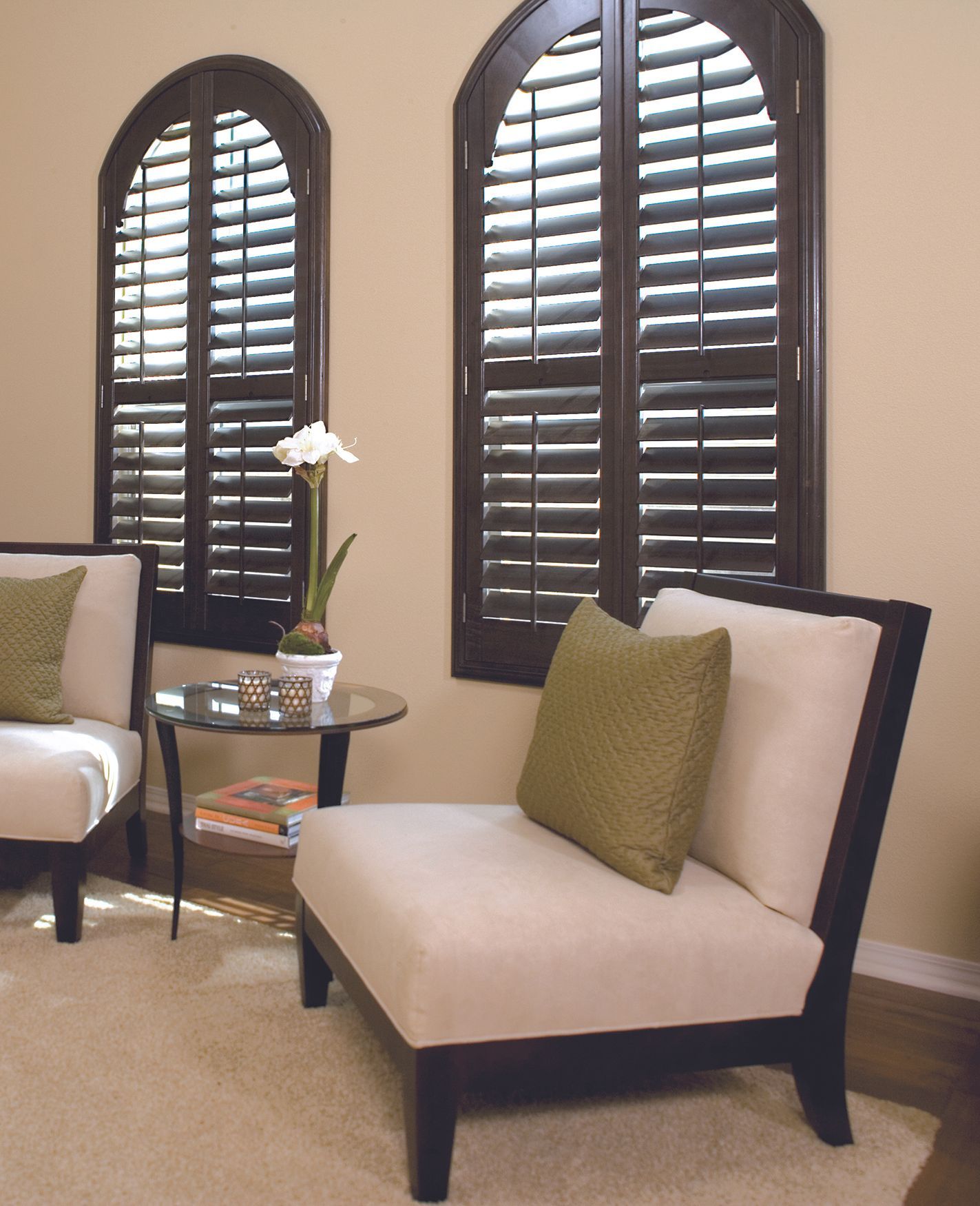 Beige louvered shutters.