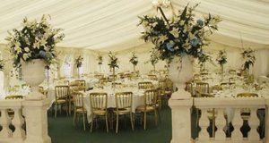 Wedding breakfast with gold chairs and tables