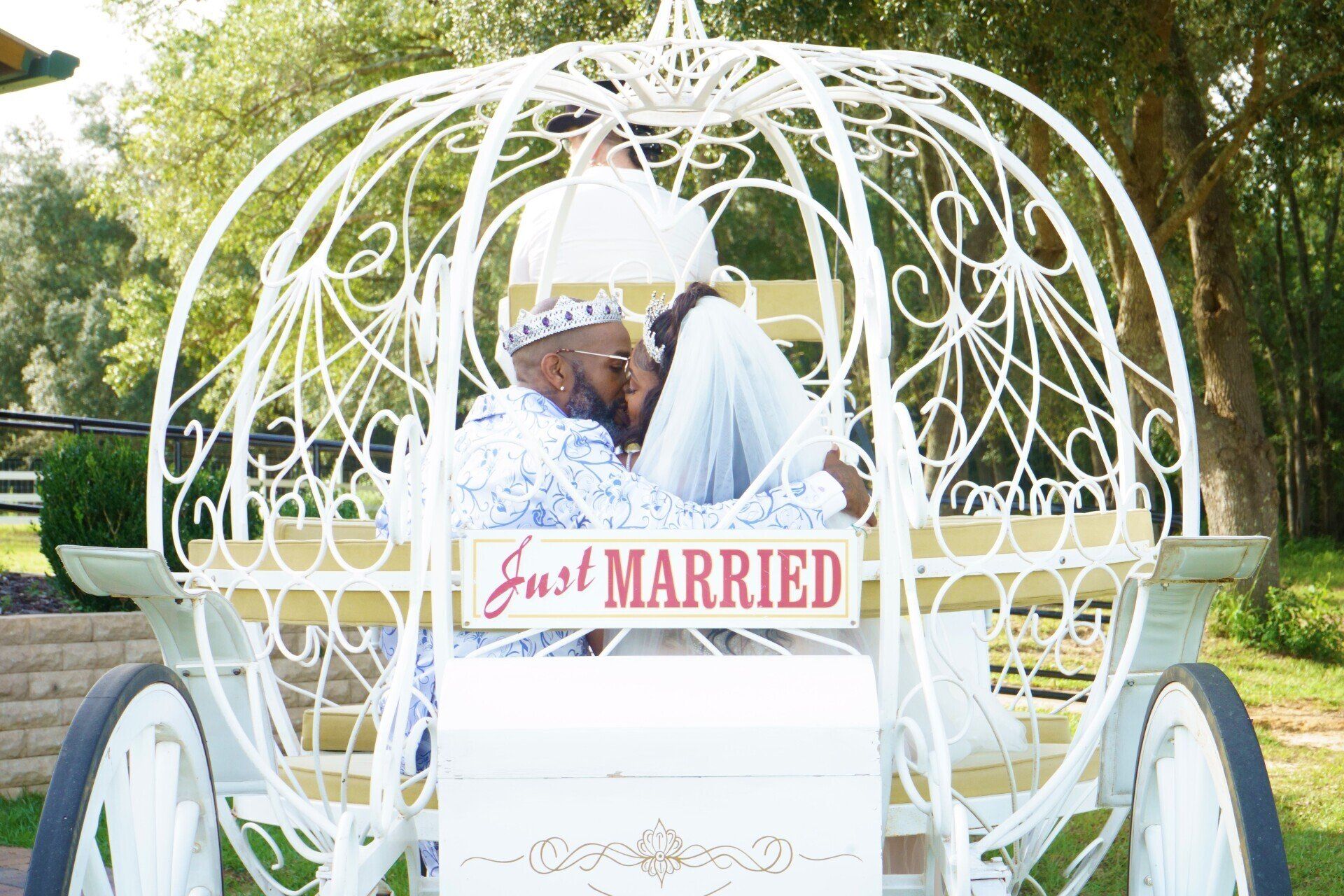 A bride and groom are sitting in a carriage with a sign that says `` just married ''.